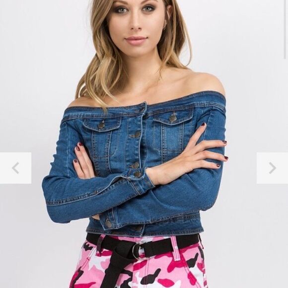 Denim Jacket Off the shoulder crop top jacket small - Picture 2 of 9